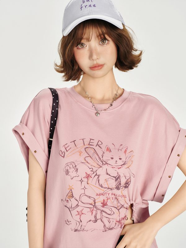 American Retro Printed Drop Shoulder Short Sleeve T-Shirt for Women - Casual Loose Fit with Side Slit - Summer 90s Style