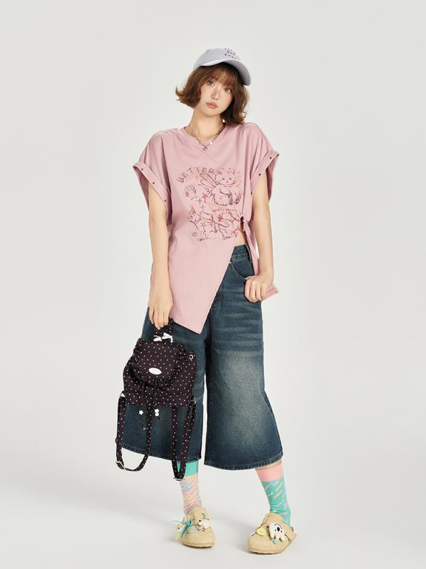 American Retro Printed Drop Shoulder Short Sleeve T-Shirt for Women - Casual Loose Fit with Side Slit - Summer 90s Style
