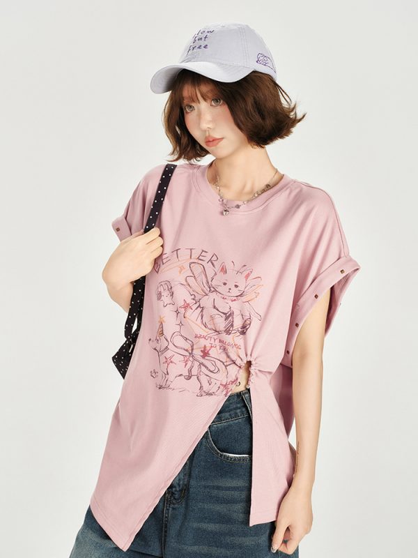 American Retro Printed Drop Shoulder Short Sleeve T-Shirt for Women - Casual Loose Fit with Side Slit - Summer 90s Style