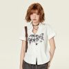 American Retro Printed Short-Sleeve Blouse for Women - Summer Ruffled V-Neck Top, Slimming Fit, Vintage Style