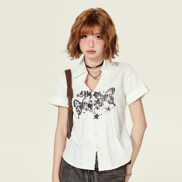 American Retro Printed Short-Sleeve Blouse for Women - Summer Ruffled V-Neck Top, Slimming Fit, Vintage Style