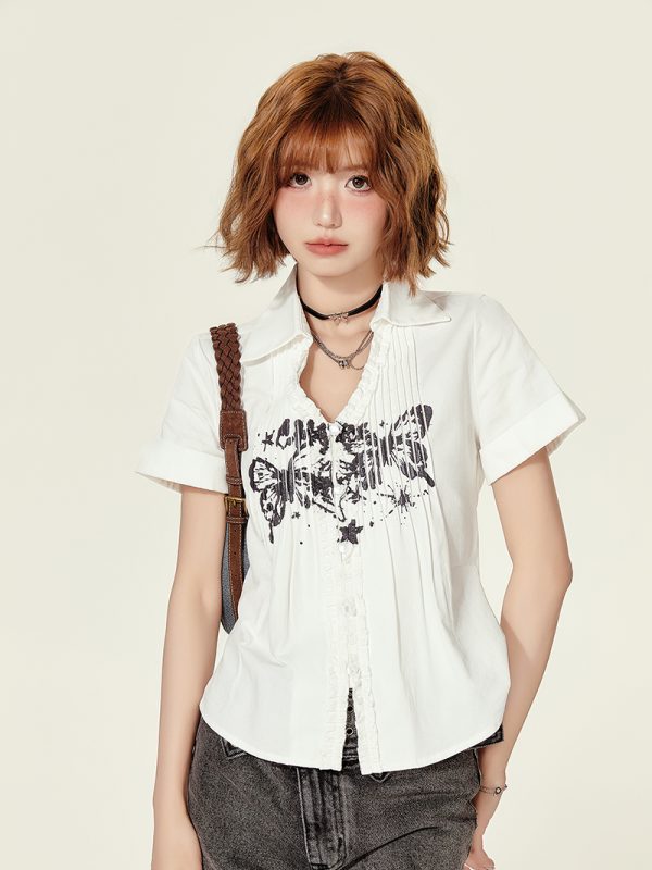 American Retro Printed Short-Sleeve Blouse for Women - Summer Ruffled V-Neck Top, Slimming Fit, Vintage Style