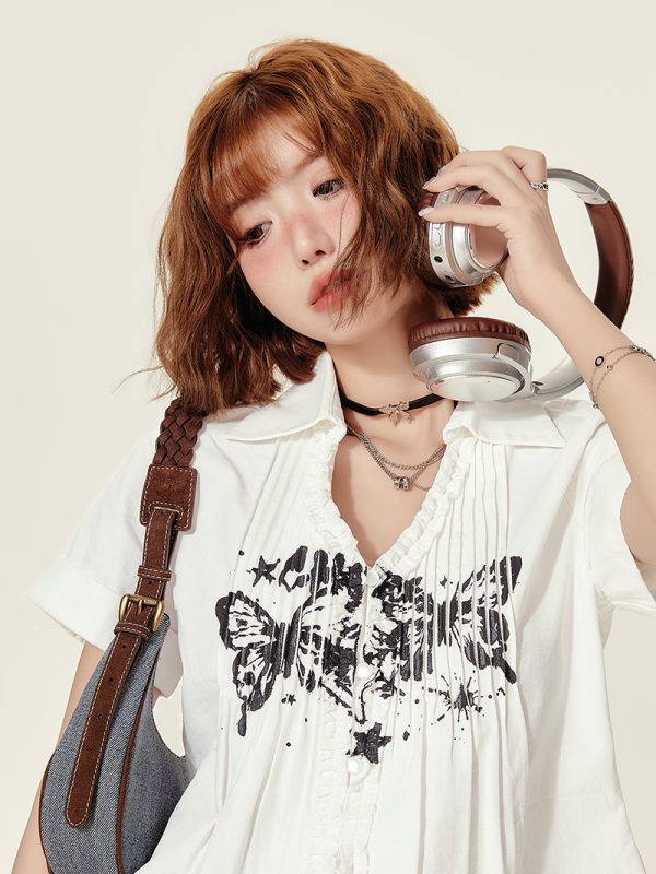 American Retro Printed Short-Sleeve Blouse for Women - Summer Ruffled V-Neck Top, Slimming Fit, Vintage Style
