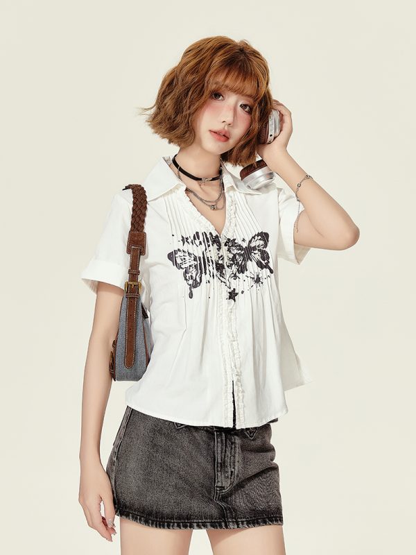 American Retro Printed Short-Sleeve Blouse for Women - Summer Ruffled V-Neck Top, Slimming Fit, Vintage Style
