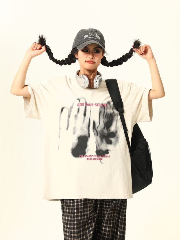 American Retro Printed Washed Short-Sleeve T-Shirt for Men and Women - Trendy Couple Top in Y2K Style