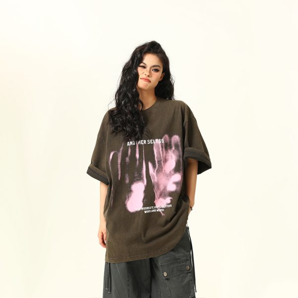 American Retro Printed Washed Short-Sleeve T-Shirt for Men and Women - Trendy Couple Top in Y2K Style