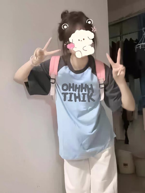 American Retro Raglan Short-Sleeve T-Shirt for Women - Summer 2025 Stylish Top for Middle & High School Students