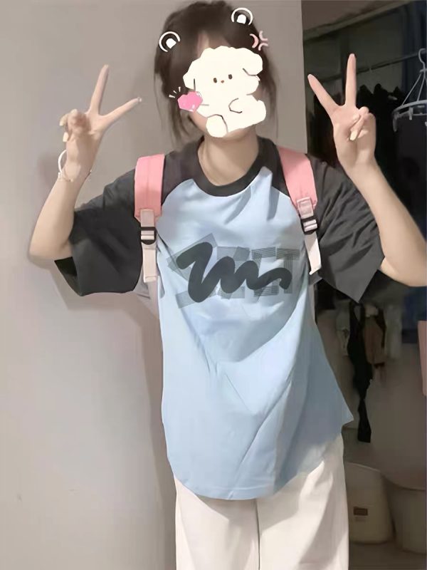American Retro Raglan Short-Sleeve T-Shirt for Women - Summer 2025 Stylish Top for Middle & High School Students