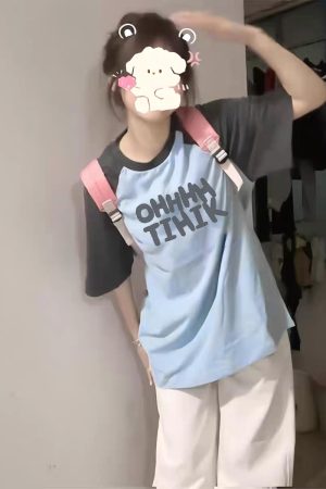 American Retro Raglan Short-Sleeve T-Shirt for Women - Summer 2025 Stylish Top for Middle & High School Students