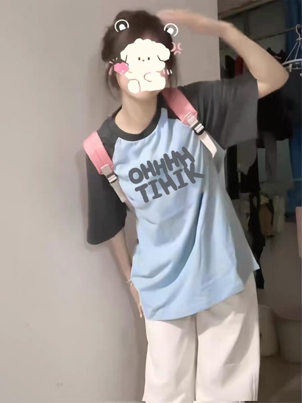 American Retro Raglan Short-Sleeve T-Shirt for Women - Summer 2025 Stylish Top for Middle & High School Students