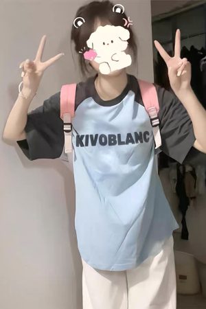 American Retro Raglan Short-Sleeve T-Shirt for Women - Summer 2025 Stylish Top for Middle & High School Students