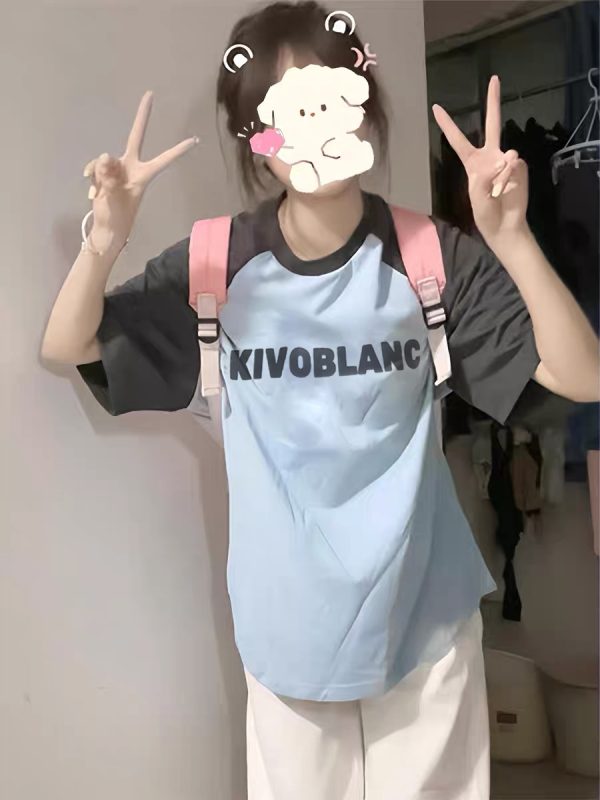 American Retro Raglan Short-Sleeve T-Shirt for Women - Summer 2025 Stylish Top for Middle & High School Students