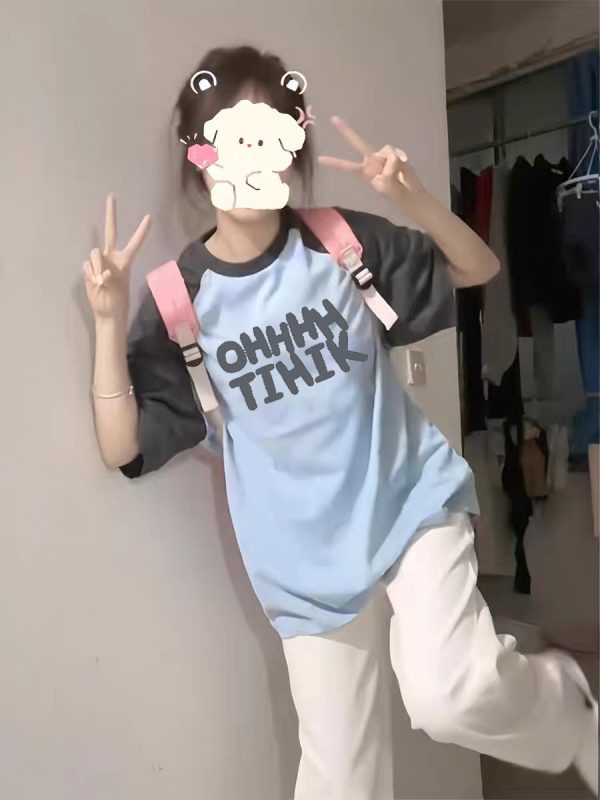 American Retro Raglan Short-Sleeve T-Shirt for Women - Summer 2025 Stylish Top for Middle & High School Students