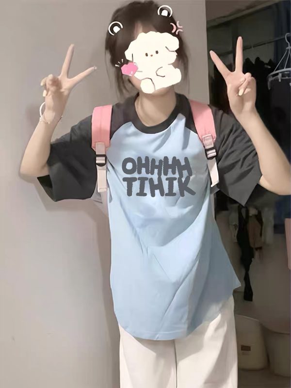 American Retro Raglan Short-Sleeve T-Shirt for Women - Summer 2025 Stylish Top for Middle & High School Students