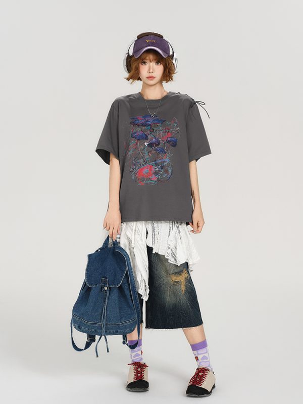 American Retro Round Neck Short Sleeve T-Shirt for Women - Summer Tie Design Loose Slimming Top - Y2K Chic