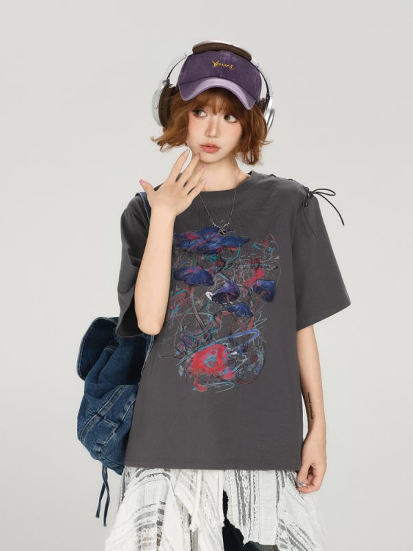 American Retro Round Neck Short Sleeve T-Shirt for Women - Summer Tie Design Loose Slimming Top - Y2K Chic