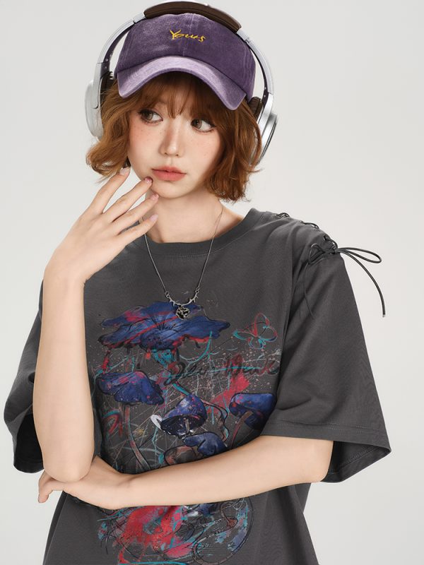 American Retro Round Neck Short Sleeve T-Shirt for Women - Summer Tie Design Loose Slimming Top - Y2K Chic