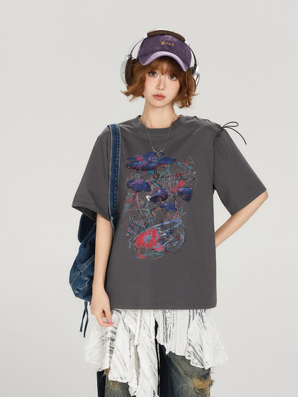American Retro Round Neck Short Sleeve T-Shirt for Women - Summer Tie Design Loose Slimming Top - Y2K Chic