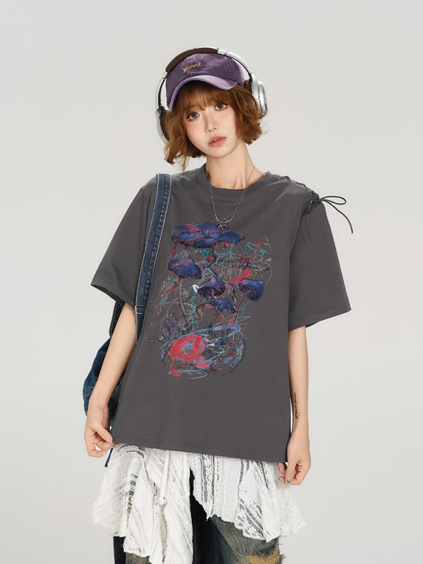 American Retro Round Neck Short Sleeve T-Shirt for Women - Summer Tie Design Loose Slimming Top - Y2K Chic