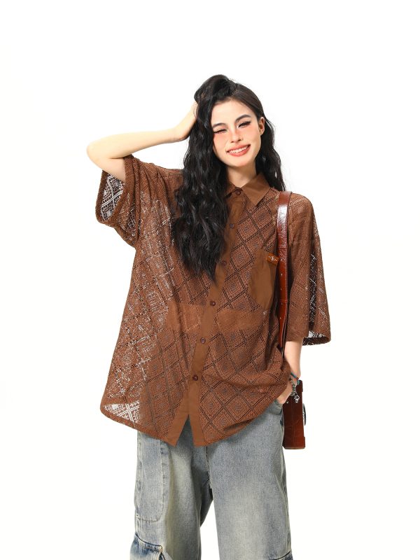 American Retro Short Sleeve Shirt Jacket for Women - Summer Loose Casual Top with Unique Design