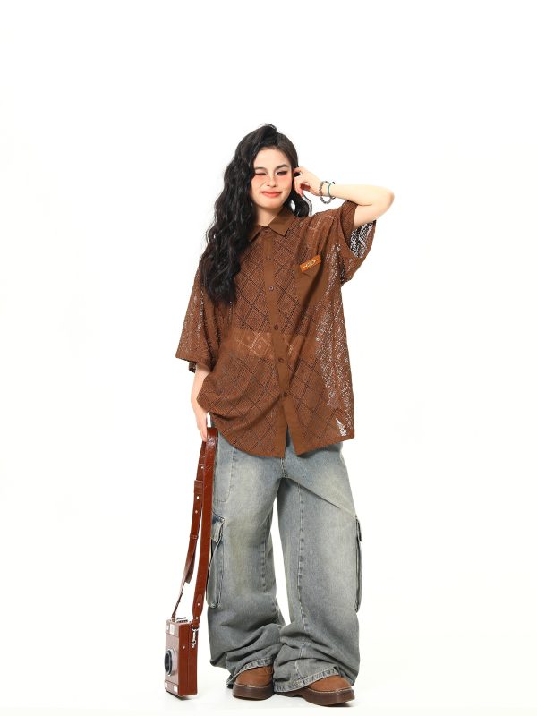 American Retro Short Sleeve Shirt Jacket for Women - Summer Loose Casual Top with Unique Design