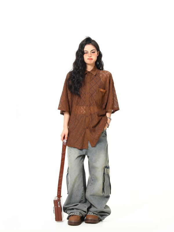 American Retro Short Sleeve Shirt Jacket for Women - Summer Loose Casual Top with Unique Design