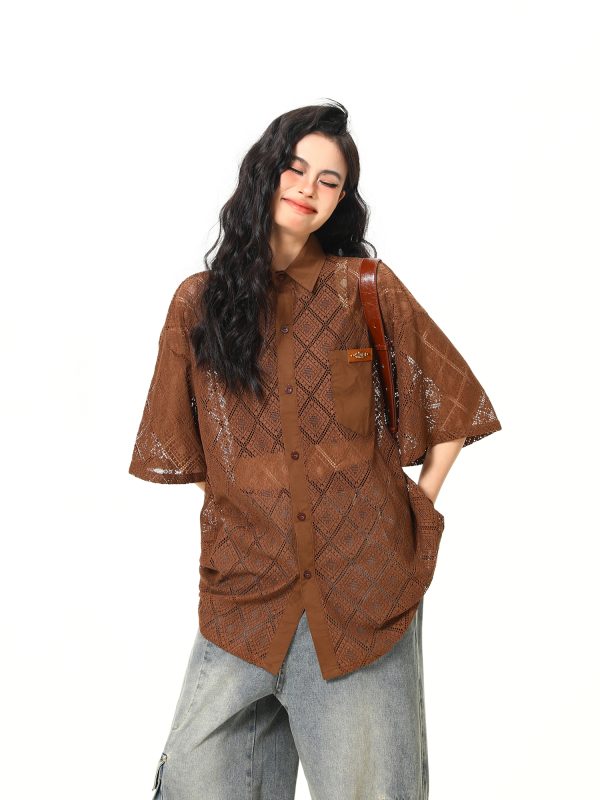 American Retro Short Sleeve Shirt Jacket for Women - Summer Loose Casual Top with Unique Design