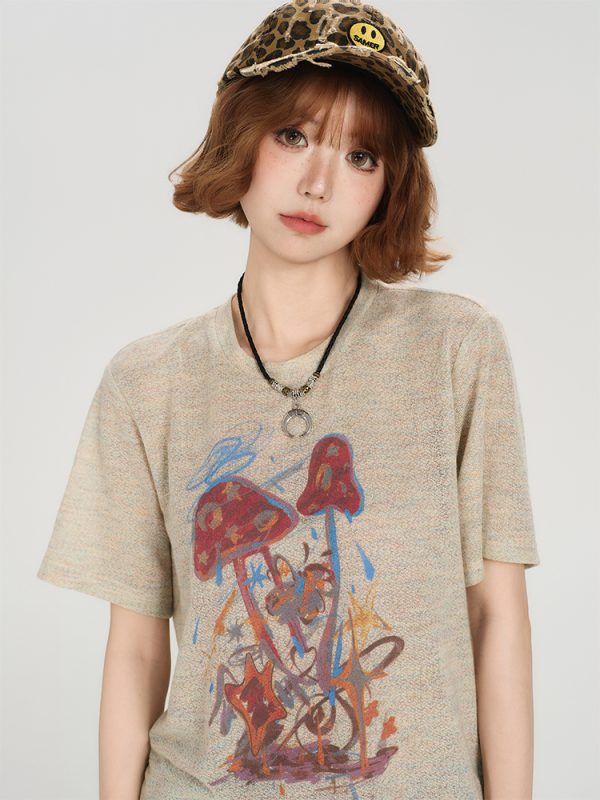 American Retro Short Sleeve T-Shirt for Women - Summer Casual Round Neck Top, Printed Loose-Fitting Slimming Style