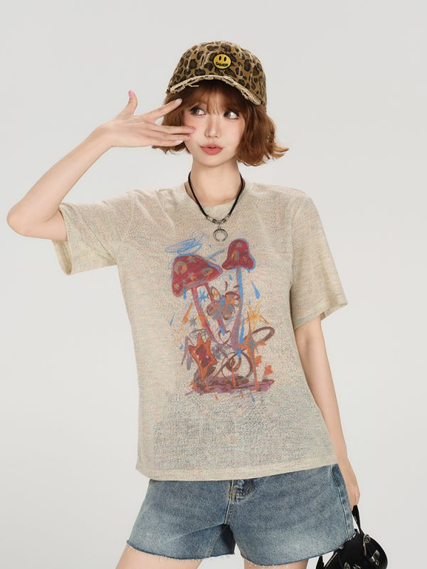 American Retro Short Sleeve T-Shirt for Women - Summer Casual Round Neck Top, Printed Loose-Fitting Slimming Style
