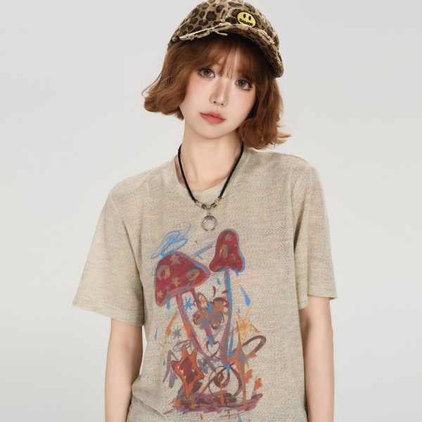 American Retro Short Sleeve T-Shirt for Women - Summer Casual Round Neck Top, Printed Loose-Fitting Slimming Style