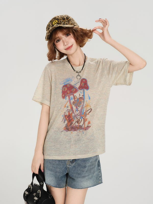 American Retro Short Sleeve T-Shirt for Women - Summer Casual Round Neck Top, Printed Loose-Fitting Slimming Style