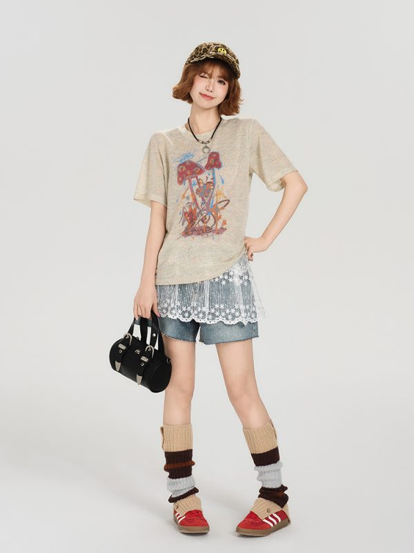 American Retro Short Sleeve T-Shirt for Women - Summer Casual Round Neck Top, Printed Loose-Fitting Slimming Style