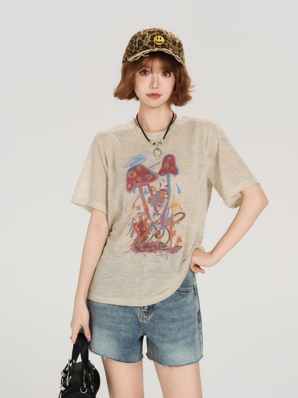 American Retro Short Sleeve T-Shirt for Women - Summer Casual Round Neck Top, Printed Loose-Fitting Slimming Style