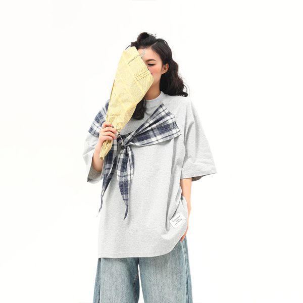 American Retro Short-Sleeve T-Shirt for Women - Wild A-Zi Shawl Design, Loose Fit, Summer Versatile Style