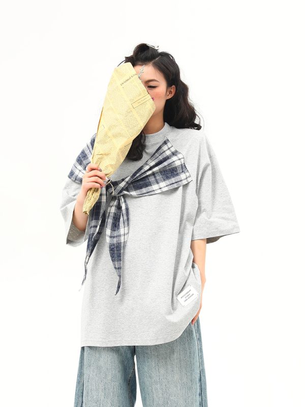 American Retro Short-Sleeve T-Shirt for Women - Wild A-Zi Shawl Design, Loose Fit, Summer Versatile Style