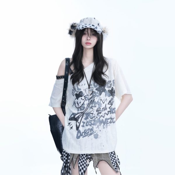 American Retro Sit and Eat Graffiti Off-Shoulder Short Sleeve T-Shirt for Women, Loose Fit, INS Style, Y2K Aesthetic