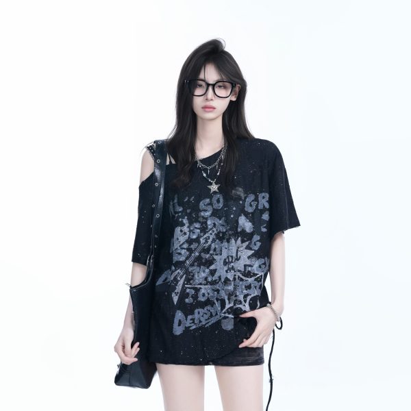 American Retro Sit and Eat Graffiti Off-Shoulder Short Sleeve T-Shirt for Women, Loose Fit, INS Style, Y2K Aesthetic