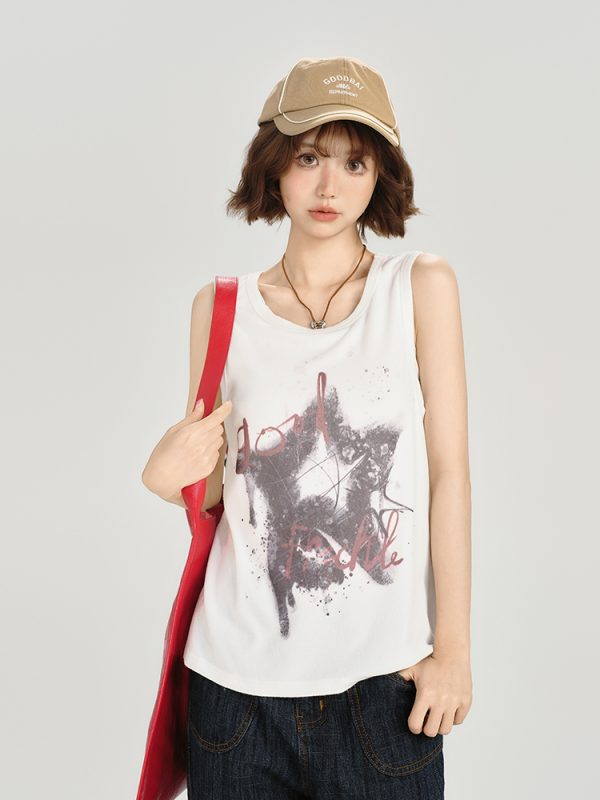 American Retro Sleeveless Tank Top for Women - Summer Casual Printed T-Shirt, Loose Fit Slimming Style