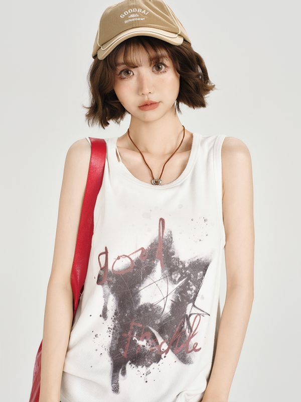 American Retro Sleeveless Tank Top for Women - Summer Casual Printed T-Shirt, Loose Fit Slimming Style