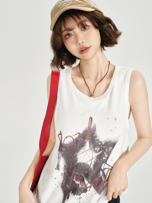 American Retro Sleeveless Tank Top for Women - Summer Casual Printed T-Shirt, Loose Fit Slimming Style