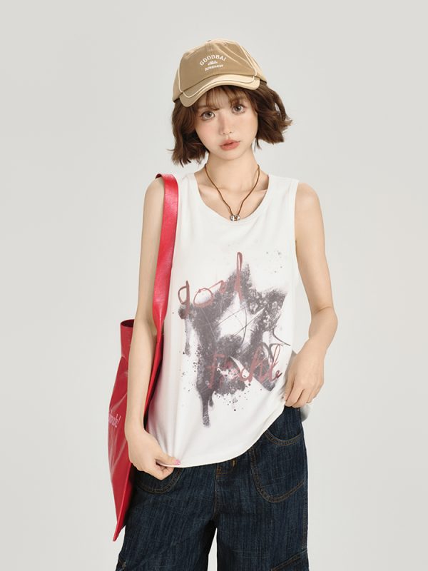 American Retro Sleeveless Tank Top for Women - Summer Casual Printed T-Shirt, Loose Fit Slimming Style