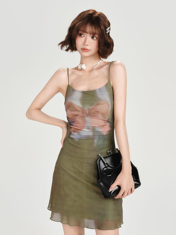 American Retro Spicy Girl Mesh Strap Dress - Women's Summer Slim Fit Ink Dyed Dress for Y2K and 90s Inspired Fashion