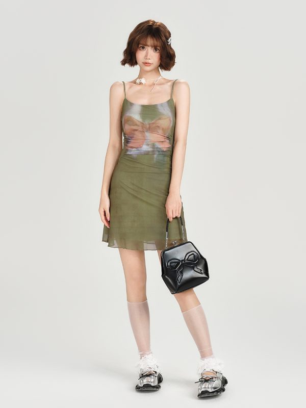 American Retro Spicy Girl Mesh Strap Dress - Women's Summer Slim Fit Ink Dyed Dress for Y2K and 90s Inspired Fashion