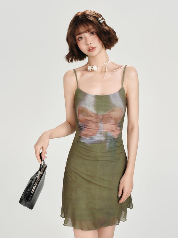 American Retro Spicy Girl Mesh Strap Dress - Women's Summer Slim Fit Ink Dyed Dress for Y2K and 90s Inspired Fashion