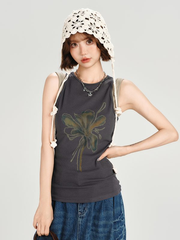 American Retro Spicy Girl Sleeveless T-Shirt Vest - Summer Slim Fit Fake Two-Piece Top for Women