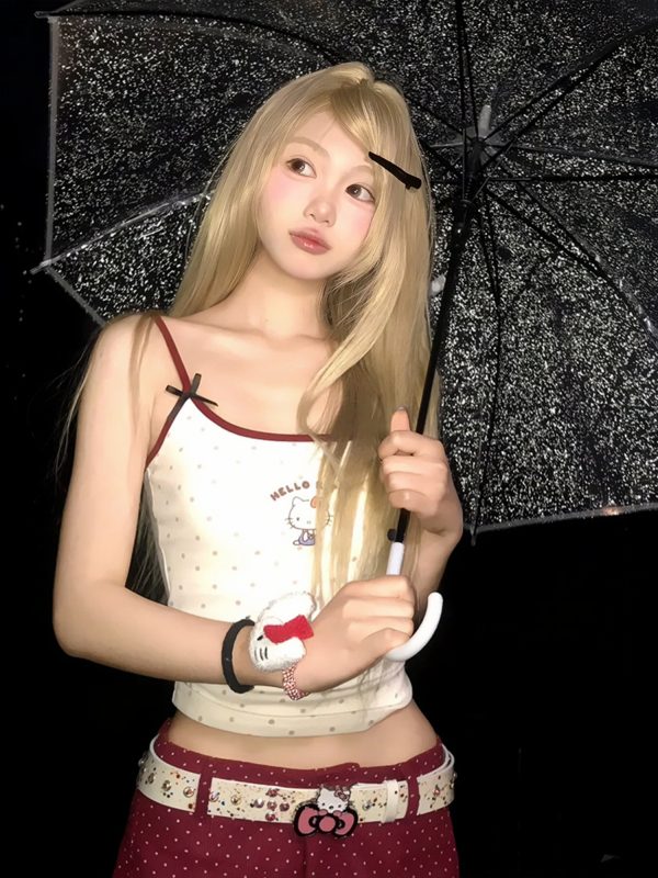 American Retro Spicy Girl Summer Hello Kitty Color-Blocking Slim-Fit Tank Top - Trendy 90s Y2K Style for Fashion Lovers