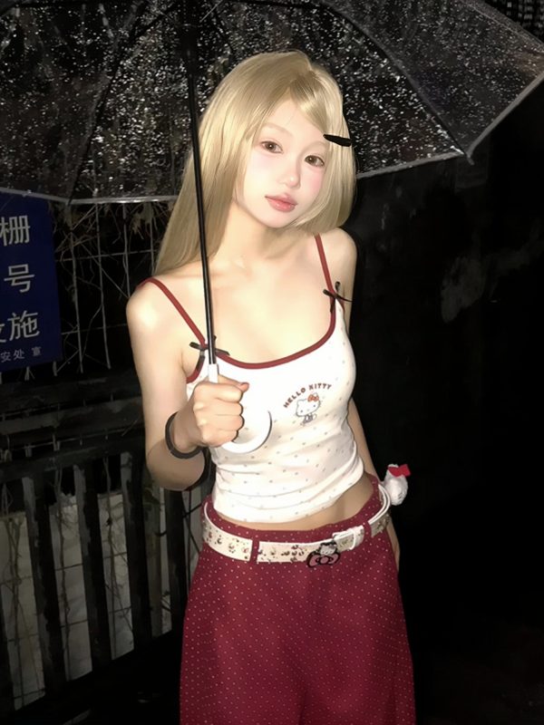American Retro Spicy Girl Summer Hello Kitty Color-Blocking Slim-Fit Tank Top - Trendy 90s Y2K Style for Fashion Lovers