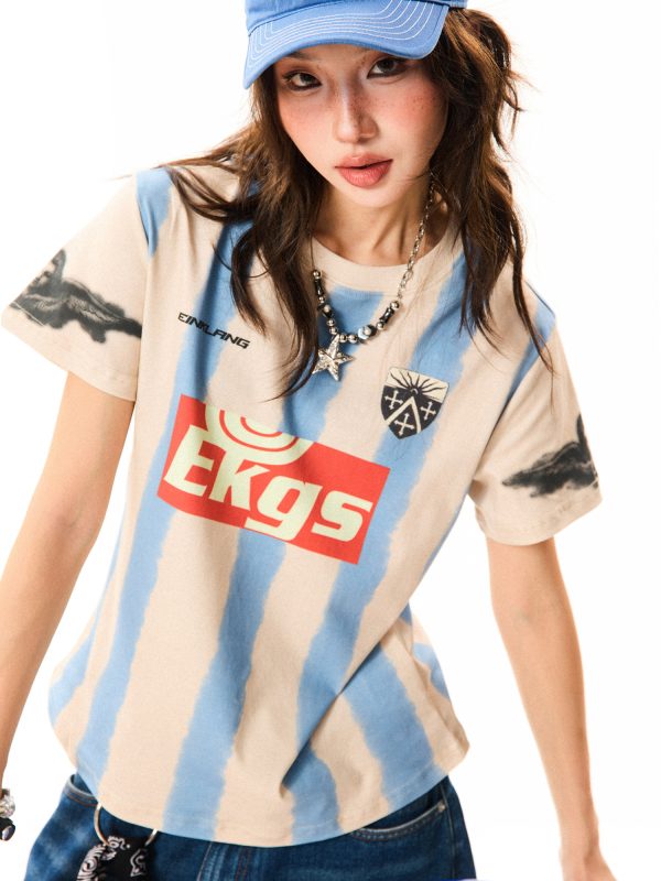 American Retro Sports Style Short-Sleeve T-Shirt for Women - Slim Fit Summer Top, Versatile 90s Inspired Fashion