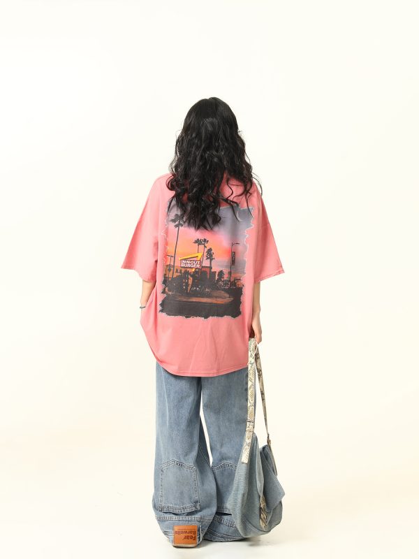 American Retro Street Scenery Printed Short-Sleeve T-Shirt for Men and Women - Loose Versatile Summer Couple Top