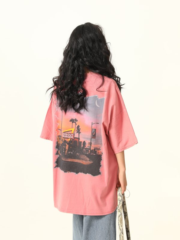 American Retro Street Scenery Printed Short-Sleeve T-Shirt for Men and Women - Loose Versatile Summer Couple Top